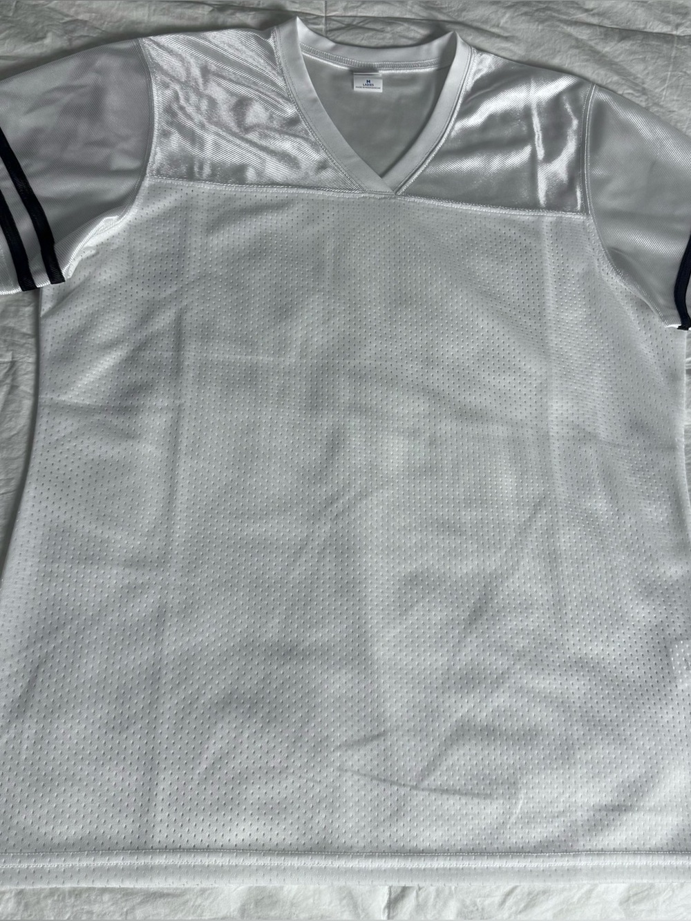 Sport-Tek Women's White V-Neck Mesh Jersey with Black Sleeve Stripes SZ M